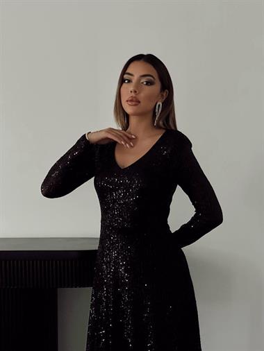 Toptan Siyah Sırt Dekolteli Pulpayet Elbise