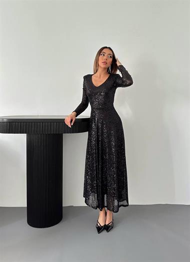 Toptan Siyah Sırt Dekolteli Pulpayet Elbise