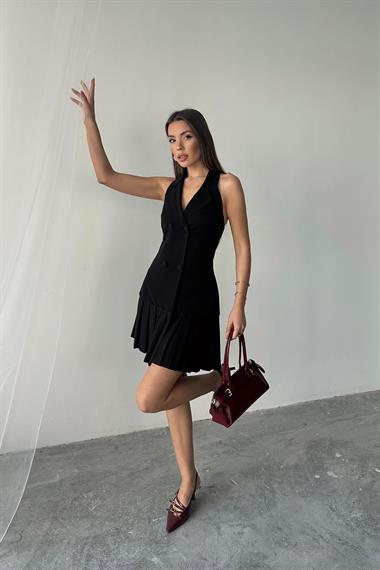 Toptan Siyah Sırtı Açık Ceket Yakalı Elbise