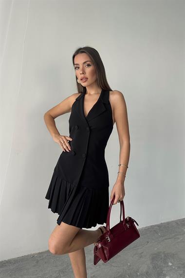 Toptan Siyah Sırtı Açık Ceket Yakalı Elbise