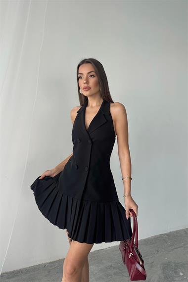 Toptan Siyah Sırtı Açık Ceket Yakalı Elbise