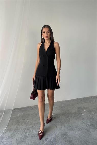 Toptan Siyah Sırtı Açık Ceket Yakalı Elbise