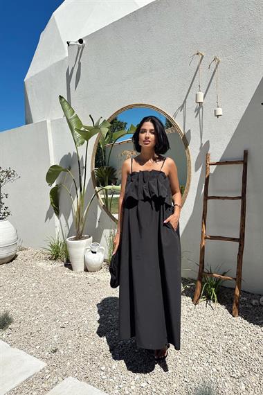 Toptan Siyah Spagetti Yaka Önü Pileleli Elbise