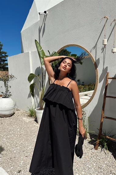 Toptan Siyah Spagetti Yaka Önü Pileleli Elbise