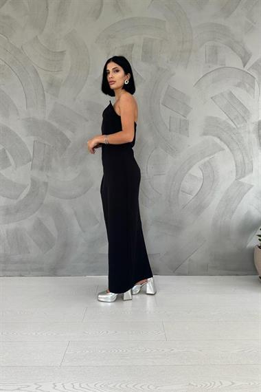 Toptan Siyah Straplez Atlas Elbise