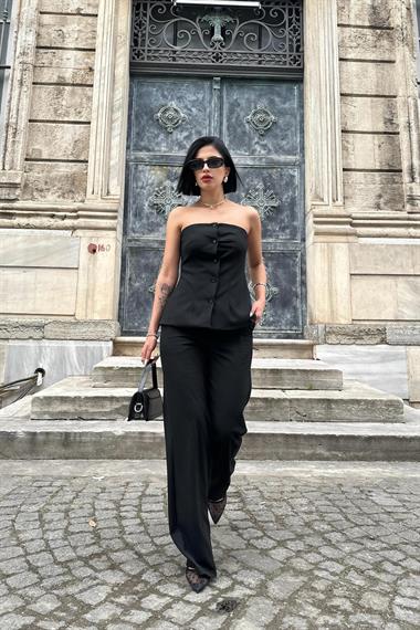 Toptan Siyah Straplez Düğmeli Crop ve Pantolon Takım