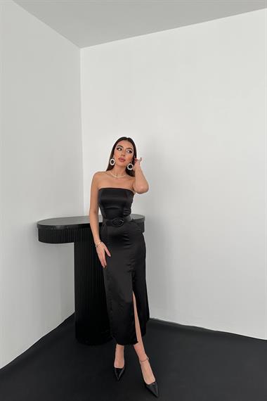 Toptan Siyah Straplez Saten Elbise