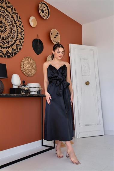 Toptan Siyah Taş Askılı Prenses Elbise