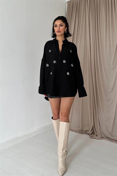 Wholesale Black Stone Embroidered Shirt