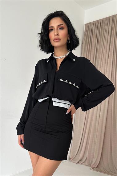 Wholesale Black Stone Embroidered Satin Shirt