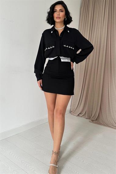 Wholesale Black Stone Embroidered Satin Shirt