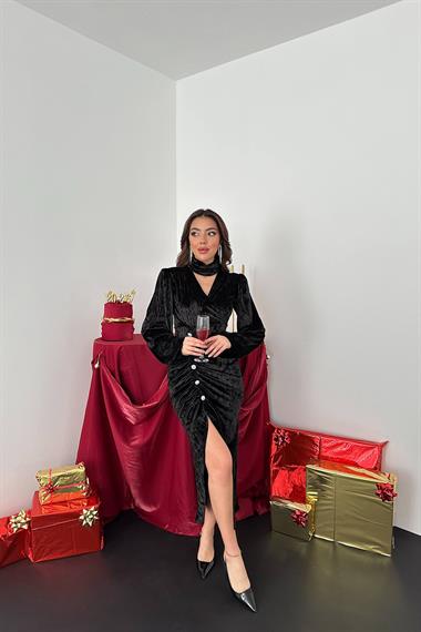 Toptan Siyah Taşlı Büzgülü Elbise