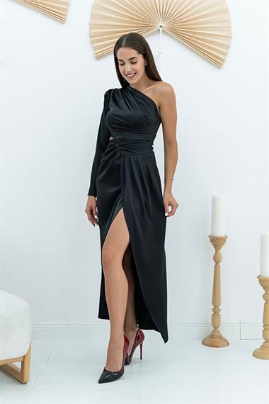 Toptan Siyah Tek Kol Saten Abiye