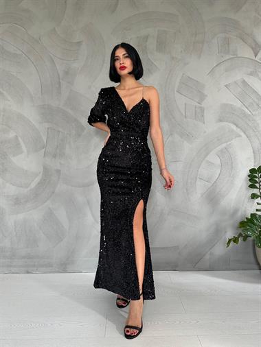 Toptan Siyah Tek Kol Yırtmaçlı Pulpayet Elbise