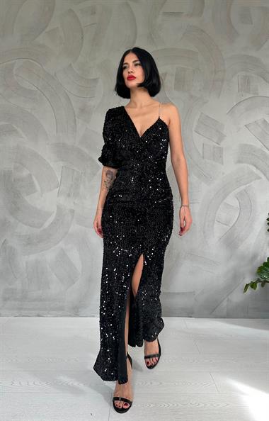 Toptan Siyah Tek Kol Yırtmaçlı Pulpayet Elbise