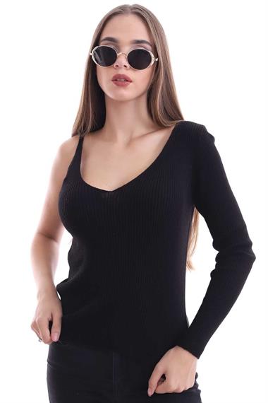 Wholesale Black Single Sleeve Strappy Knitted Blouse