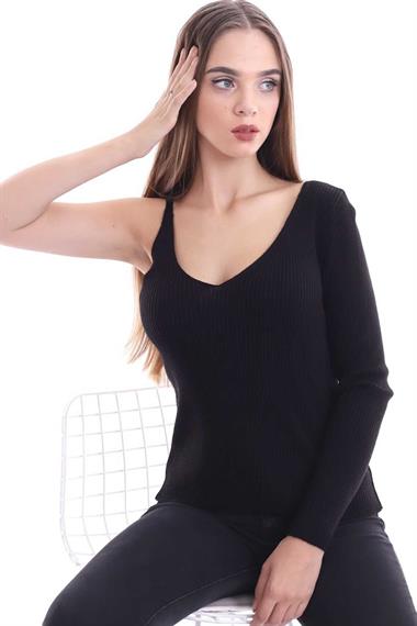 Wholesale Black Single Sleeve Strappy Knitted Blouse