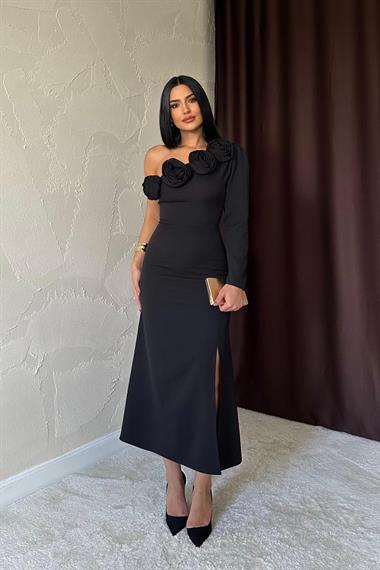 Toptan Siyah Tek Kollu Güllü Elbise