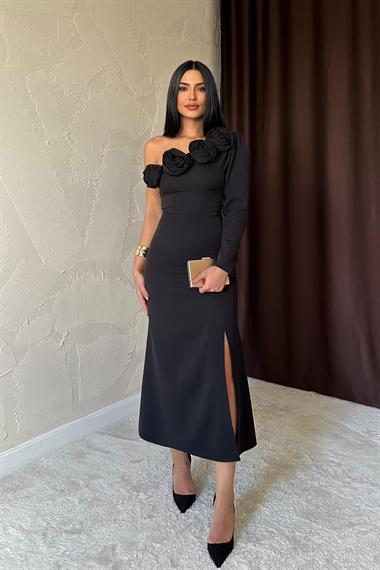 Toptan Siyah Tek Kollu Güllü Elbise