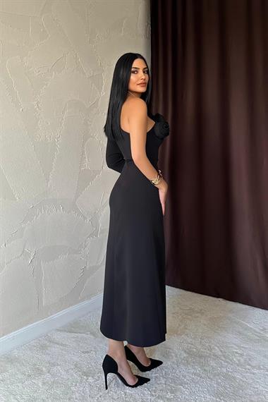 Toptan Siyah Tek Kollu Güllü Elbise