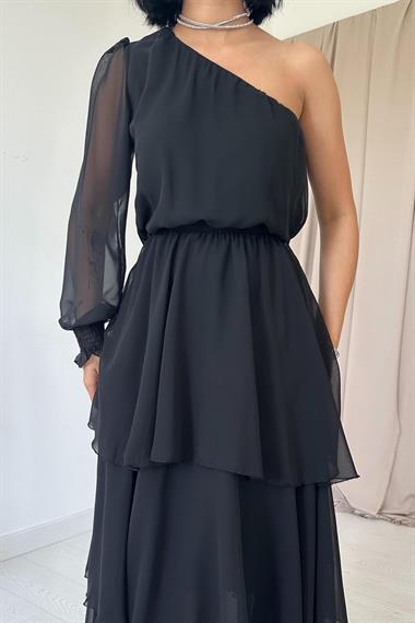 Toptan Siyah Tek Kollu Kat Kat Şifon Elbise