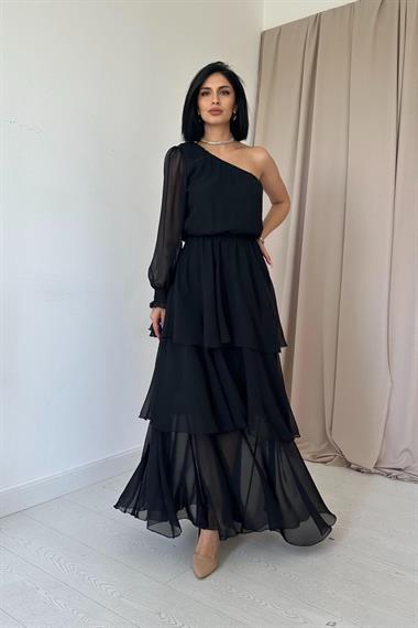 Toptan Siyah Tek Kollu Kat Kat Şifon Elbise