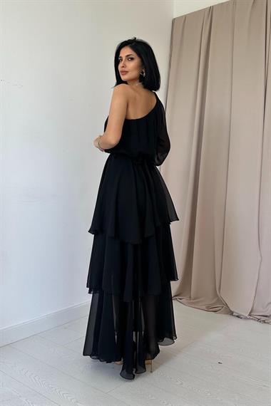 Toptan Siyah Tek Kollu Kat Kat Şifon Elbise