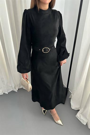 Toptan Siyah Toka Detaylı Kemerli Elbise