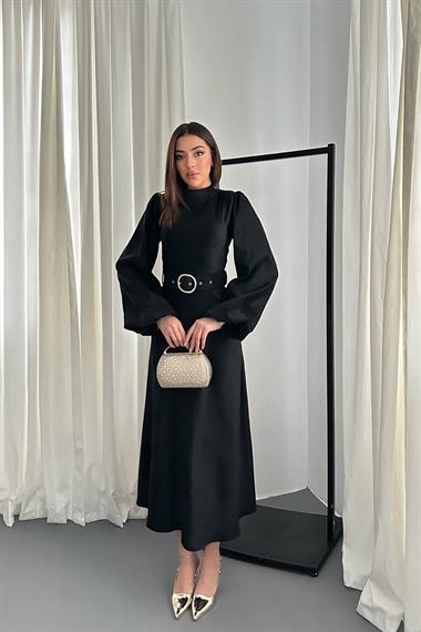 Toptan Siyah Toka Detaylı Kemerli Elbise