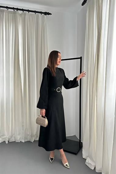 Toptan Siyah Toka Detaylı Kemerli Elbise