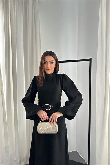 Toptan Siyah Toka Detaylı Kemerli Elbise