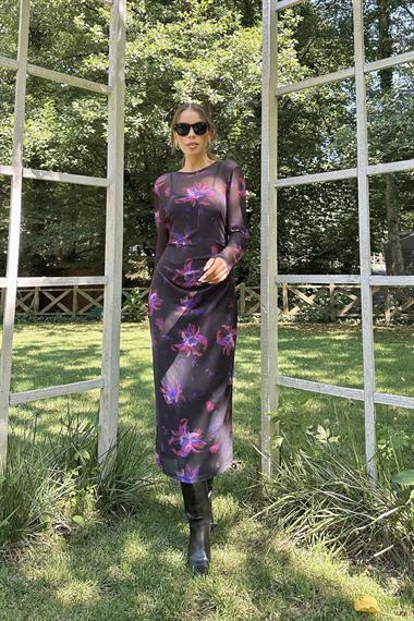 Toptan Siyah Transparan Desenli Elbise