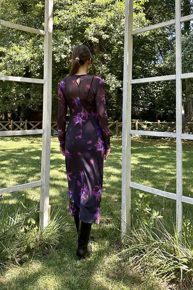 Toptan Siyah Transparan Desenli Elbise