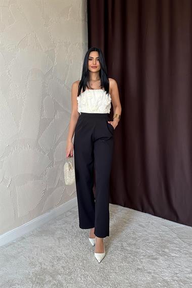 Toptan Siyah Tüllü Gül Detaylı Tulum