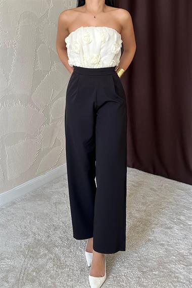 Toptan Siyah Tüllü Gül Detaylı Tulum