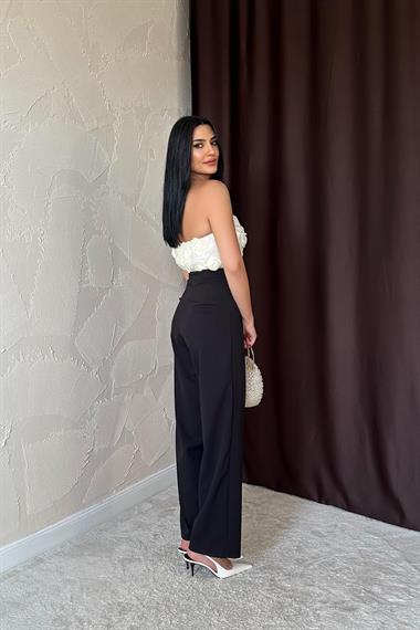 Toptan Siyah Tüllü Gül Detaylı Tulum