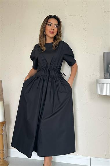 Toptan Siyah Tünel Detay Poplin Elbise