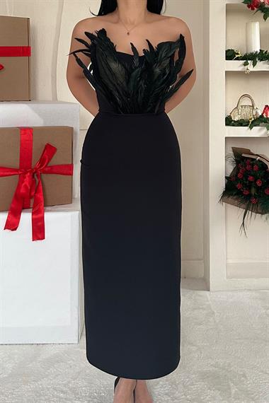 Toptan Siyah Tüylü Elbise