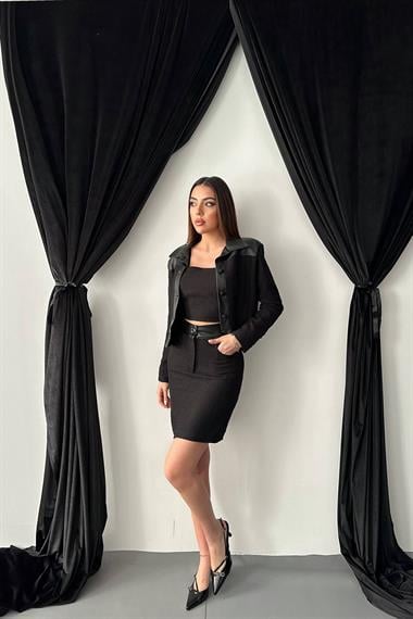 Toptan Siyah Üçlü Deri Garnili Ceket ve Pantolon Takım