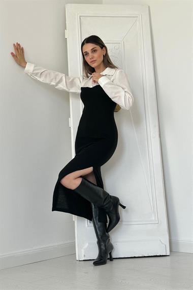 Toptan Siyah Üstü Gömlek Yırtmaç Elbise