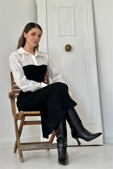 Toptan Siyah Üstü Gömlek Yırtmaç Elbise