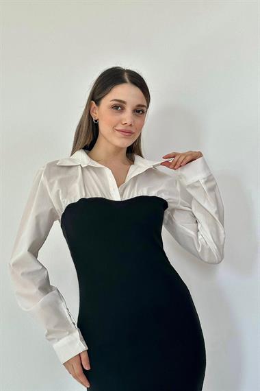 Toptan Siyah Üstü Gömlek Yırtmaç Elbise