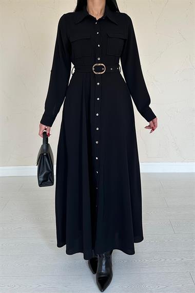 Toptan Siyah Uzun Kemerli Elbise