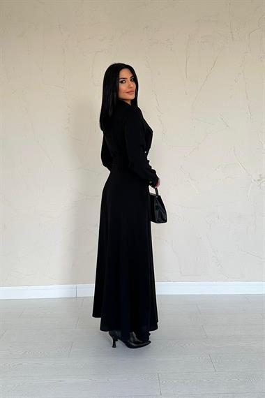 Toptan Siyah Uzun Kemerli Elbise