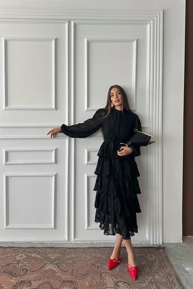 Toptan Siyah Uzun Volanlı Elbise