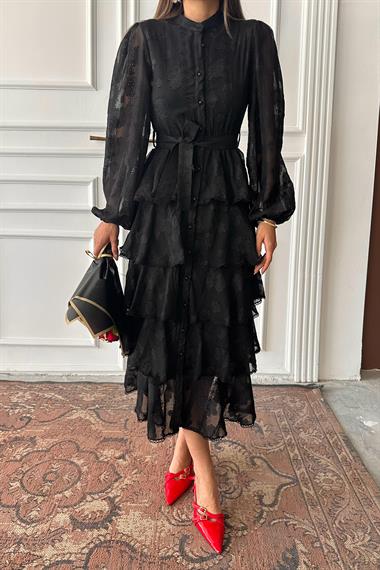 Toptan Siyah Uzun Volanlı Elbise