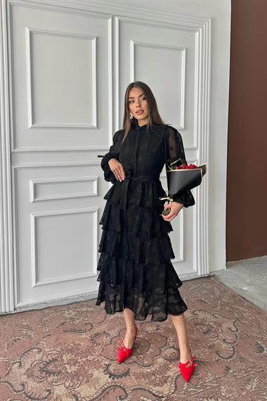 Toptan Siyah Uzun Volanlı Elbise