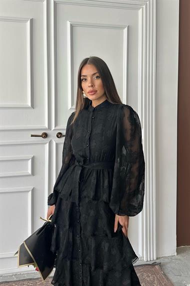 Toptan Siyah Uzun Volanlı Elbise