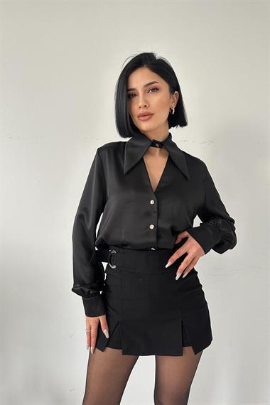 Toptan Siyah V Patlı Yakalı Saten Gömlek