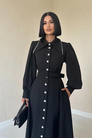 Toptan Siyah Vatkalı Taşlı Elbise